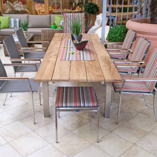 Gartenmöbel Edelstahl - Edelstahl-Stapelstühle mit Textilene + großer Esstisch mit Teakauflage ausziehbar