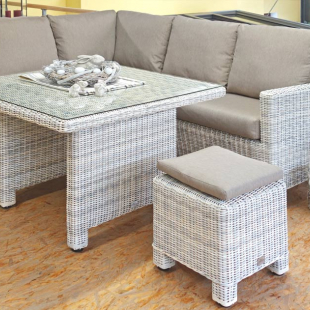 Gartenmöbel-Set | Lounge Ecke - Set für Terrasse oder Garten - Loungegruppe aus Ecksofa + quadratischer Tisch + Hocker (hellgrau)